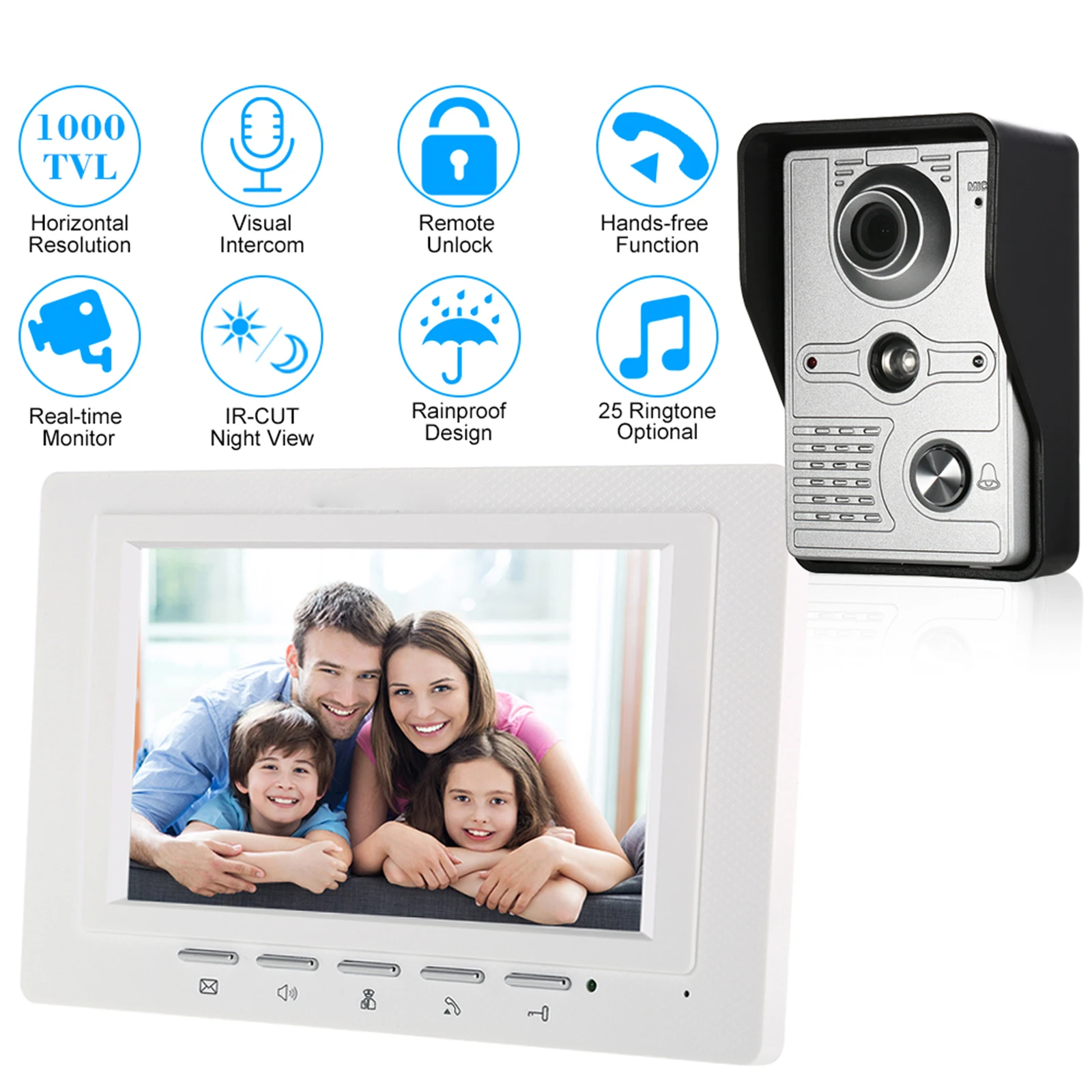 7 inch Wired Video Doorbell Indoor Monitor with IR-CUT Rainproof Outdoor Camera Visual Intercom Two-way Audio Video Door Phone