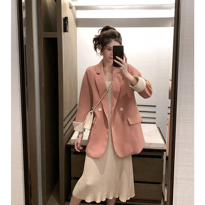 

UNXX 2024 New Spring Autumn Korean Edition High End Simple Commuting Suit Collar Double Breasted Loose Oversize Women's Suit