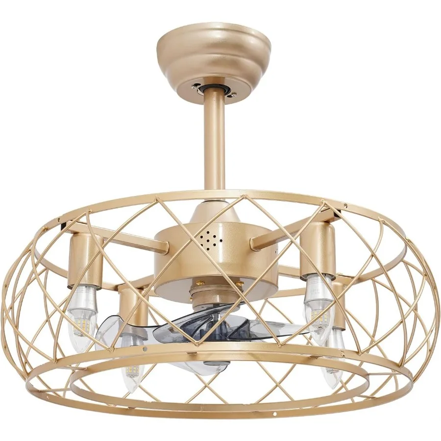 20'' Gold Cage Design Ceiling Fan with 3-Speed Operation Remote Control Functionality Industrial Enclosed Metal Construction Ch