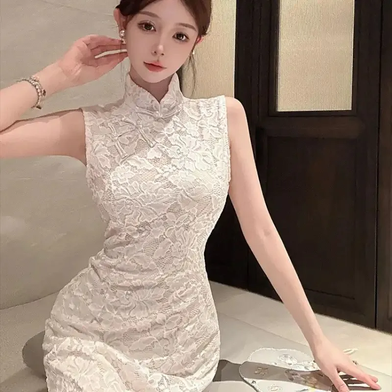 

Женское белое кружевное платье без рукавов с воротником-стойкой, облегающее, в стиле чонсам, для вечеринок и свадеб