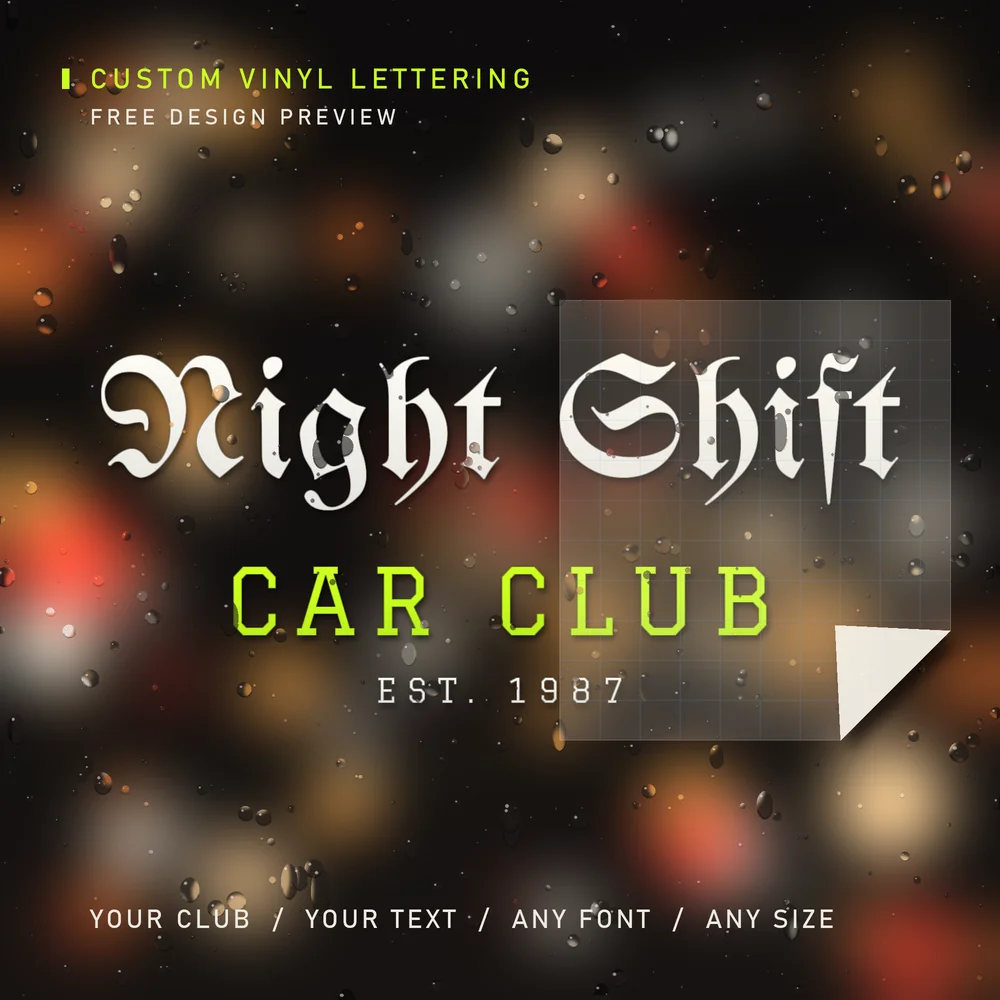 Custom Car Club Vinyl Lettering Decal - Your Text, Any Font, Windshield Banner, Chrome Holographic Reflective, Free Design