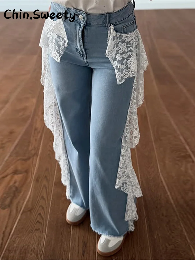 

Fashion Lace Patchwork Denim Trousers Women Solid High Waist Pockets Zipper Straight Jeans 2025 Summer Lady Chic Street Pant New