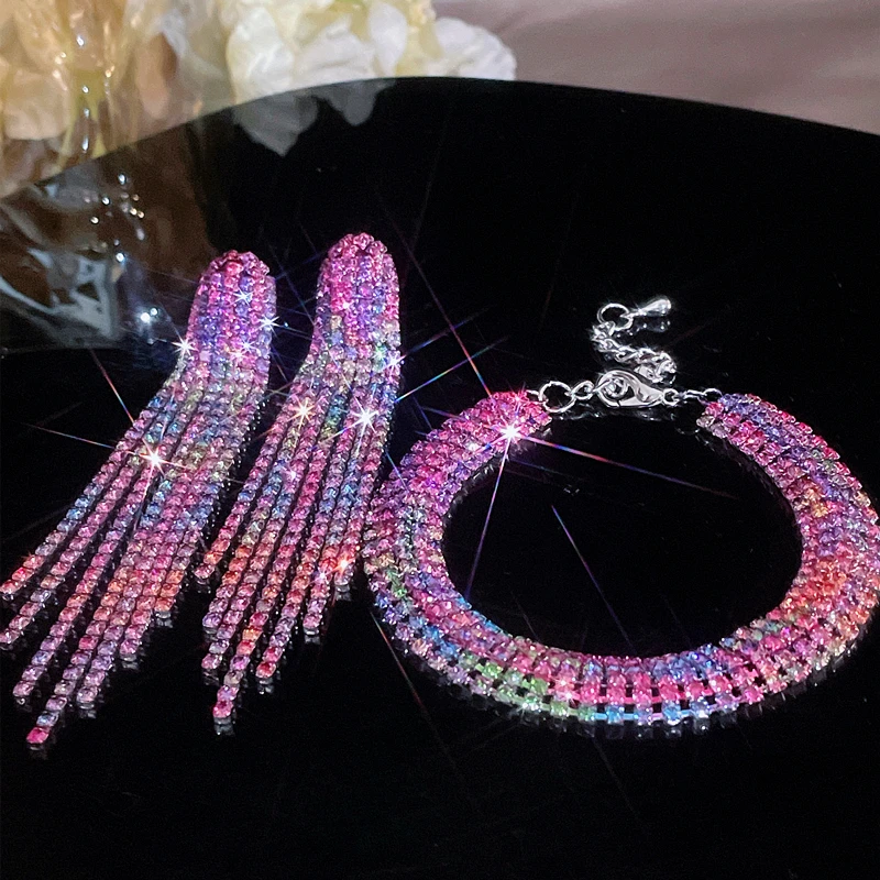 2024 New Luxury Crystal Bridal Jewelry Set Silver Plated Rhinestone Bracelet and Earrings Tassel for Women Wedding Accessories