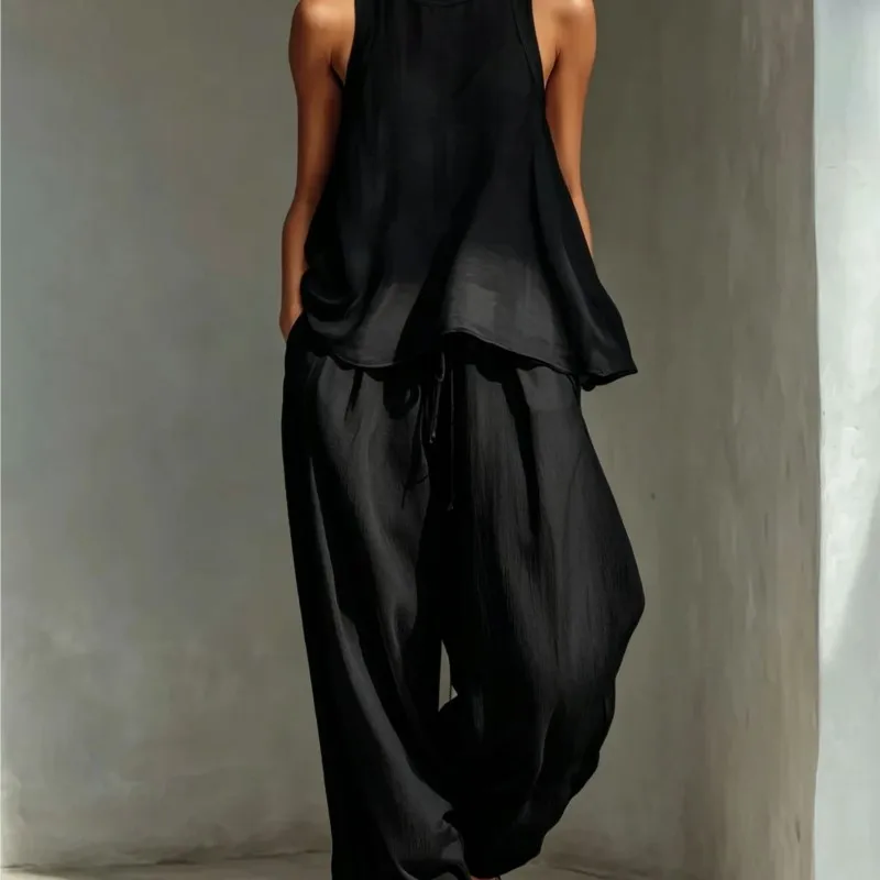 2026 New Summer Women's Long Pants Set Solid Color Sleeveless Casual Loose Elegant Temperament Breathable Unique Long Pants Set view 6