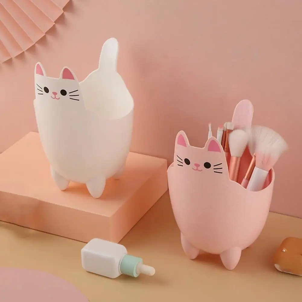 2Pcs Garbage Cans Pen Holders Large Opening Cartoon Cat Shape Mini Table Trash Cans Lovely Cat-themed Desk Storage Buckets