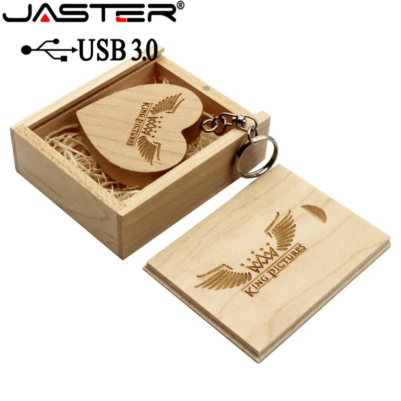 JASTER USB 3.0 with box wooden love heart model usb flash drive memory Stick 64GB 16GB 32GB 4GB wedding gifts free custom logo