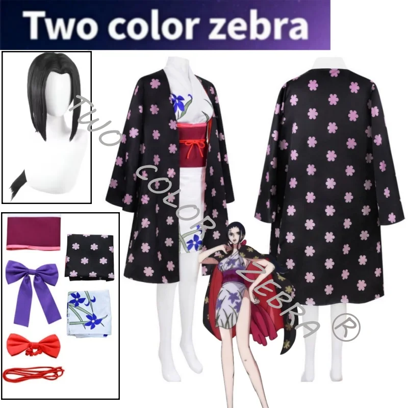 

Anime Character Nico Robin Cosplay Costume Japanese KimonoBlack Floral Haori White Iris Print Yukata Wig Full Set Party Roleplay