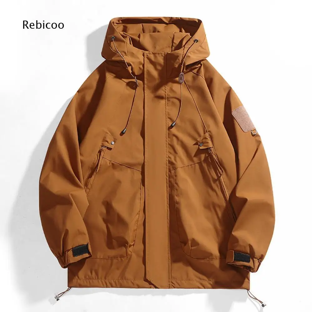 Mens Zip Up Hooded Windbreaker Outerwear Drawstring Hem Multi Pockets Loose Jacket For Practical Outdoor Daily Looks