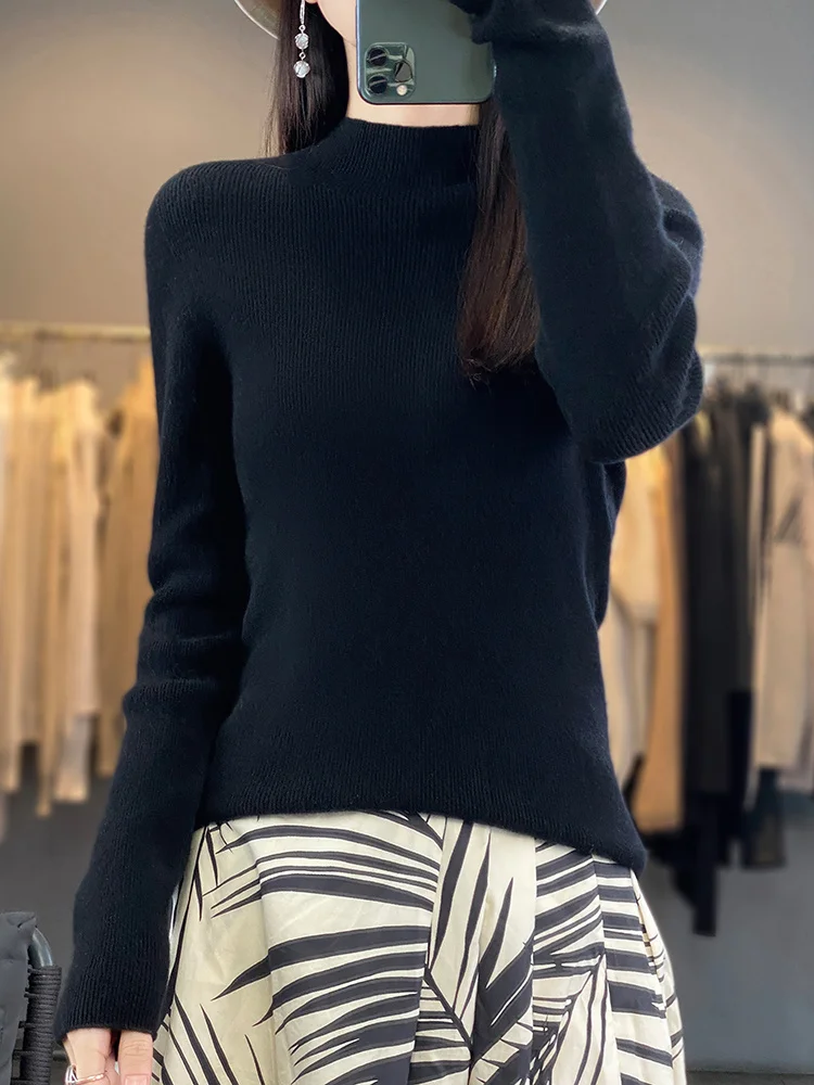 Spring Autumn 100% Merino Wool Sweater Pullover Women's Mock Neck Elegant Slim Solid Ribbed Knitwear Basic Long Sleeve Cashmere