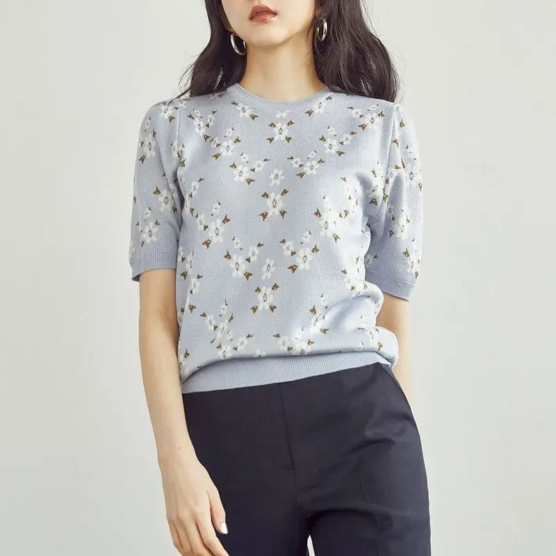 

Вязаный свитер из ледяного шелка, футболка с короткими рукавами, женская модная базовая рубашка, тонкий топ