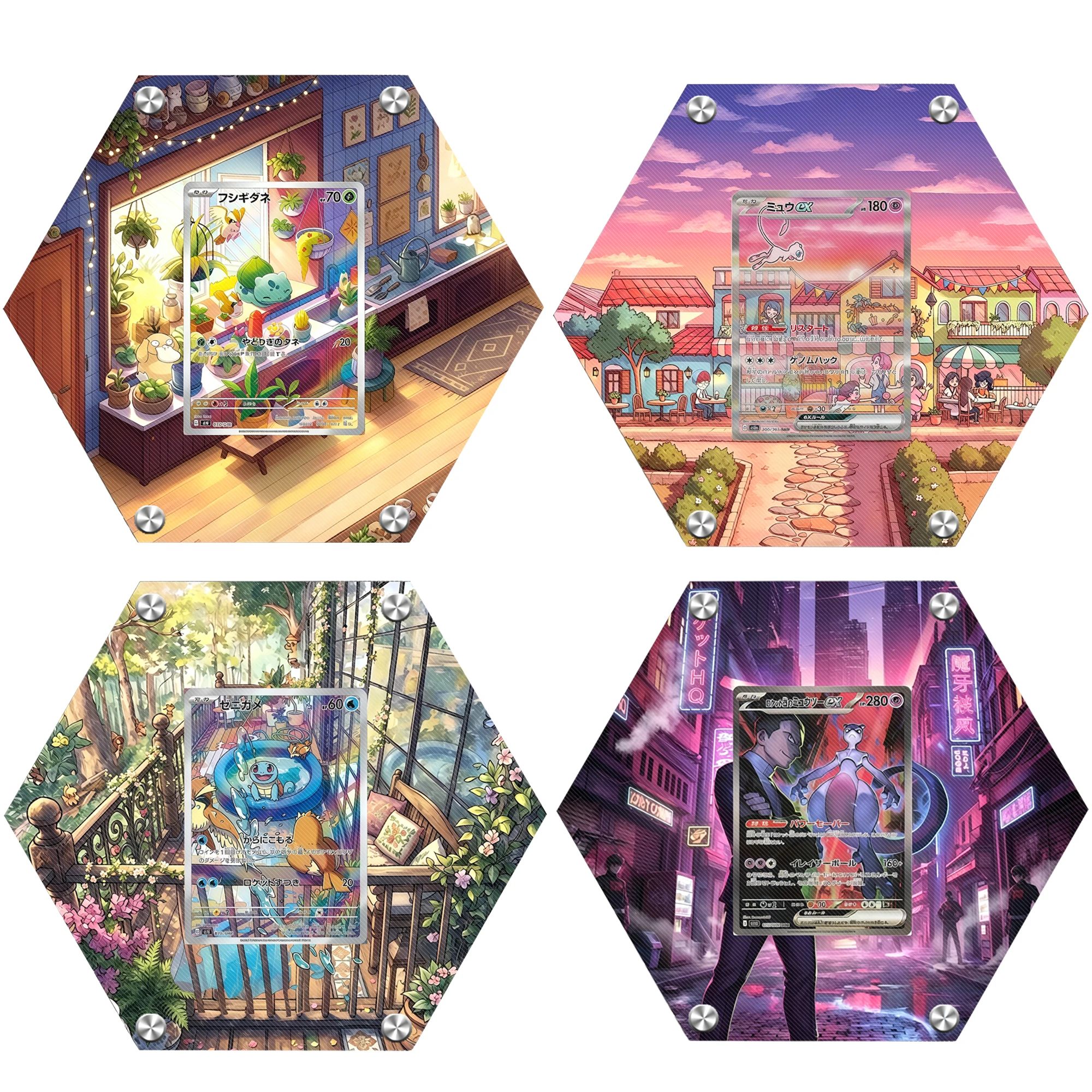 アクリル製ミュウツー、ミュウ、ゼニガメ、フシギダネ、ローレット、六角形拡張ペイント付きスタックブリック、アニメクラシックゲームコレクションディスプレイスタンド