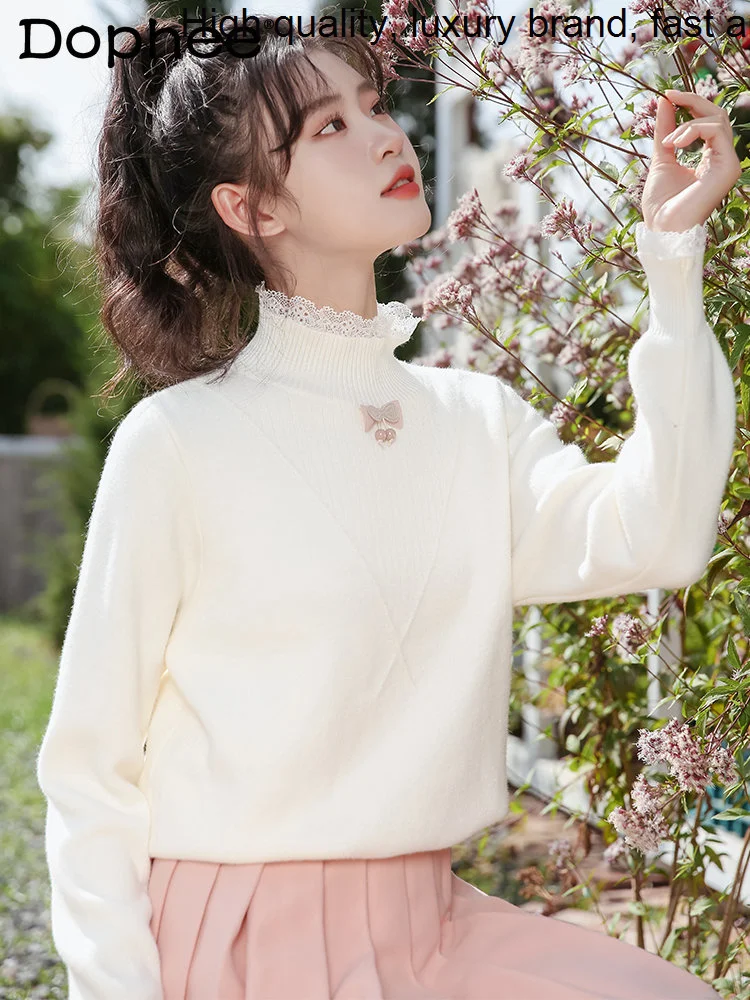 

Женский трикотажный свитер с бантом, белая однотонная водолазка с кружевом, теплый джемпер на осень-зиму