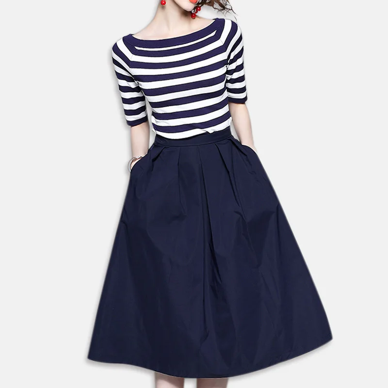 

Slimming Stripe One oulder Knitwear Top High Waist Faionable Summer T-irt A-Line Skirt Set for Young Women