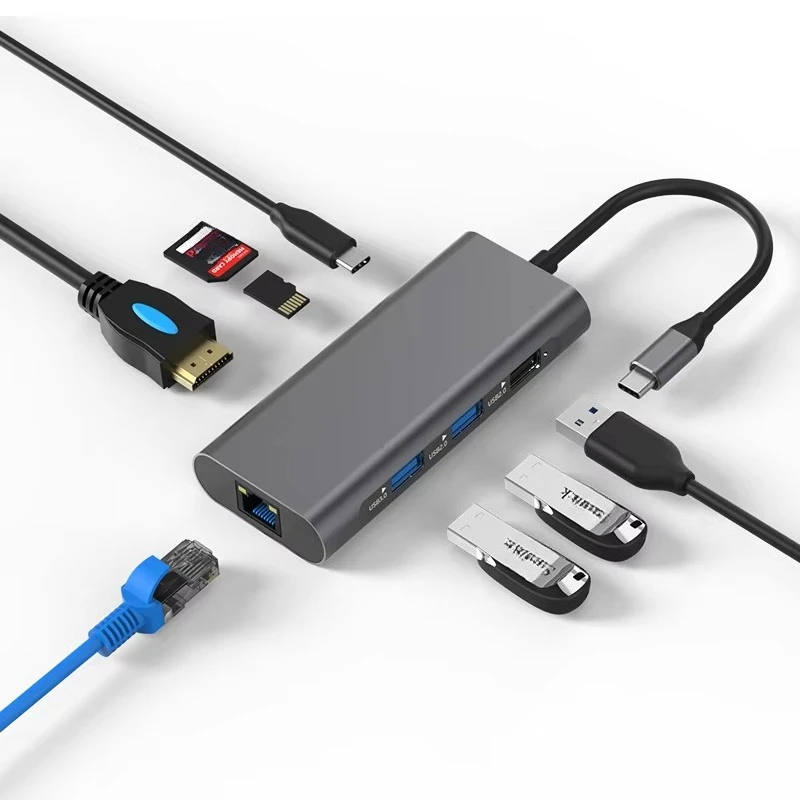EE1 Type C Hub 8 In 1 USB Hub with 4K 30Hz HDTV Laptop Converter USB C Adapter USB 3.0 2.0 Ethernet Card Reader PD Charging Hub