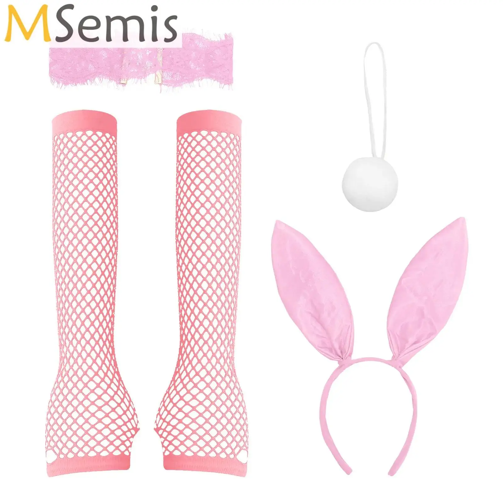 Halloween Bunny Costume Set Easter Rabbit Ear Headwear Long Gloves Lace Choker Pompom Ball Tail Accessories Set Cosplay Clubwear