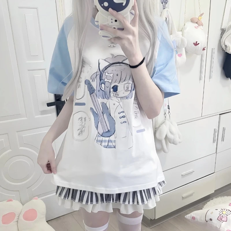 

Japanese Kawaii Tops Oversized Cute T-shirts Women Round Neck Summer Short-sleeve Tees Anime Small Girl Print Casual Tshirts