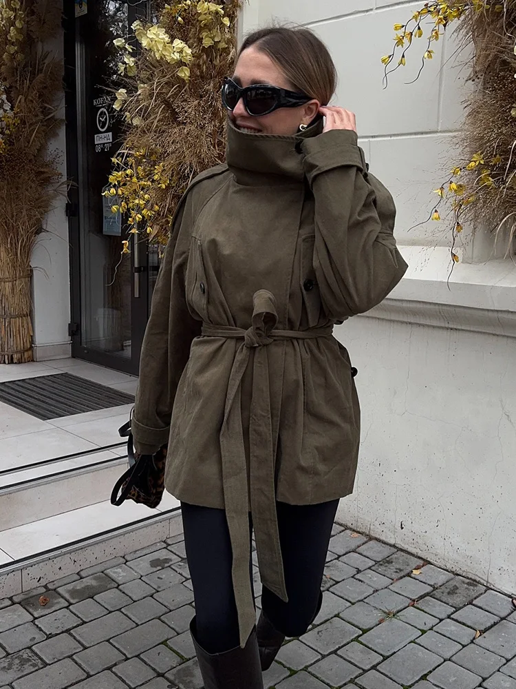 

HH Women Autumn Casual Coats Chic Long Sleeves High Neck Pockets Button Design Loose Coats Woman Elegant Street Style Jackets