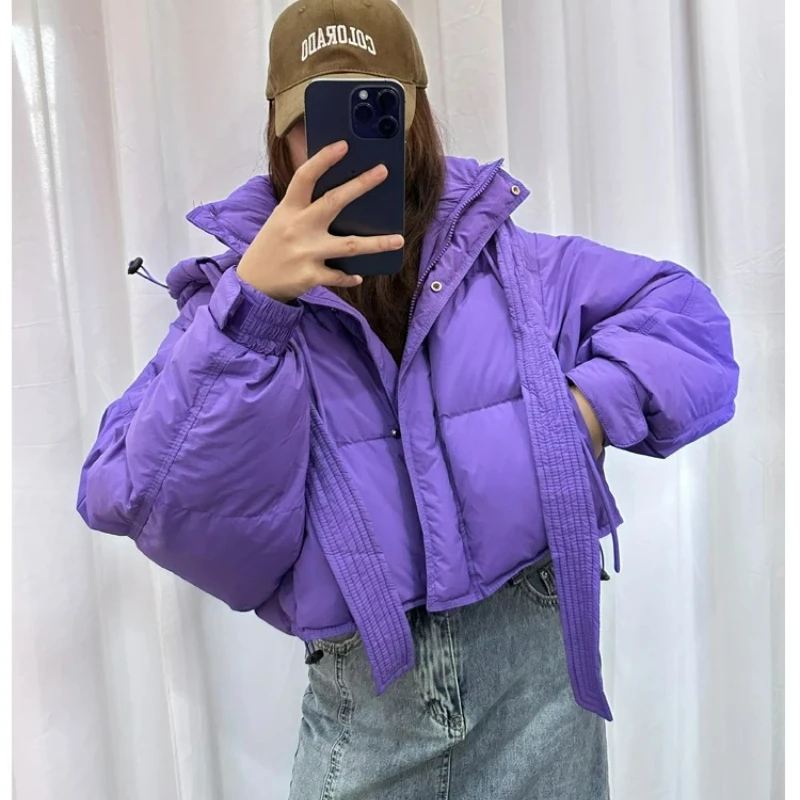 Doudoune courte violette à capuche pour femme, ample, décontractée, manches chauve-souris, duvet de canard blanc, manteaux épais, nouvelle collection hiver 2025