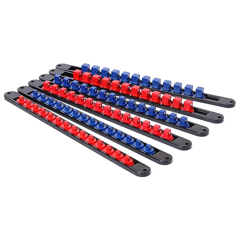 6PC 360° Swivel ABS Socket Organizer, 1/4-Inch, 3/8-Inch, 1/2-Inch, Premium Quality Socket Holders (Blue & Red)