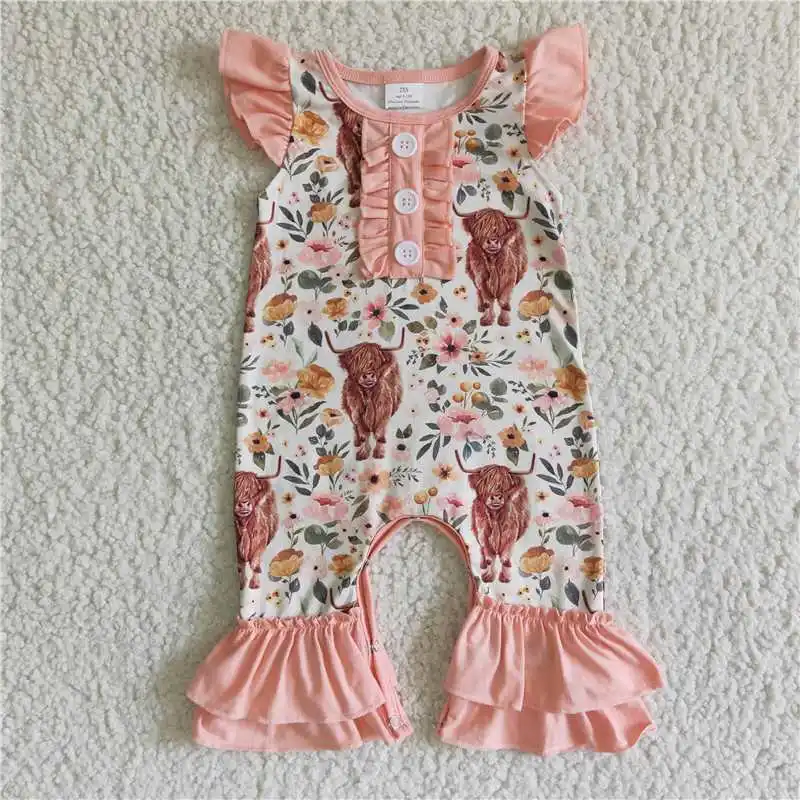 

Wholesale Girls Baby Summer Easter Jumpsuit Multi-Element Pattern Rabbit Color Bright Button Double Layer Ruffle