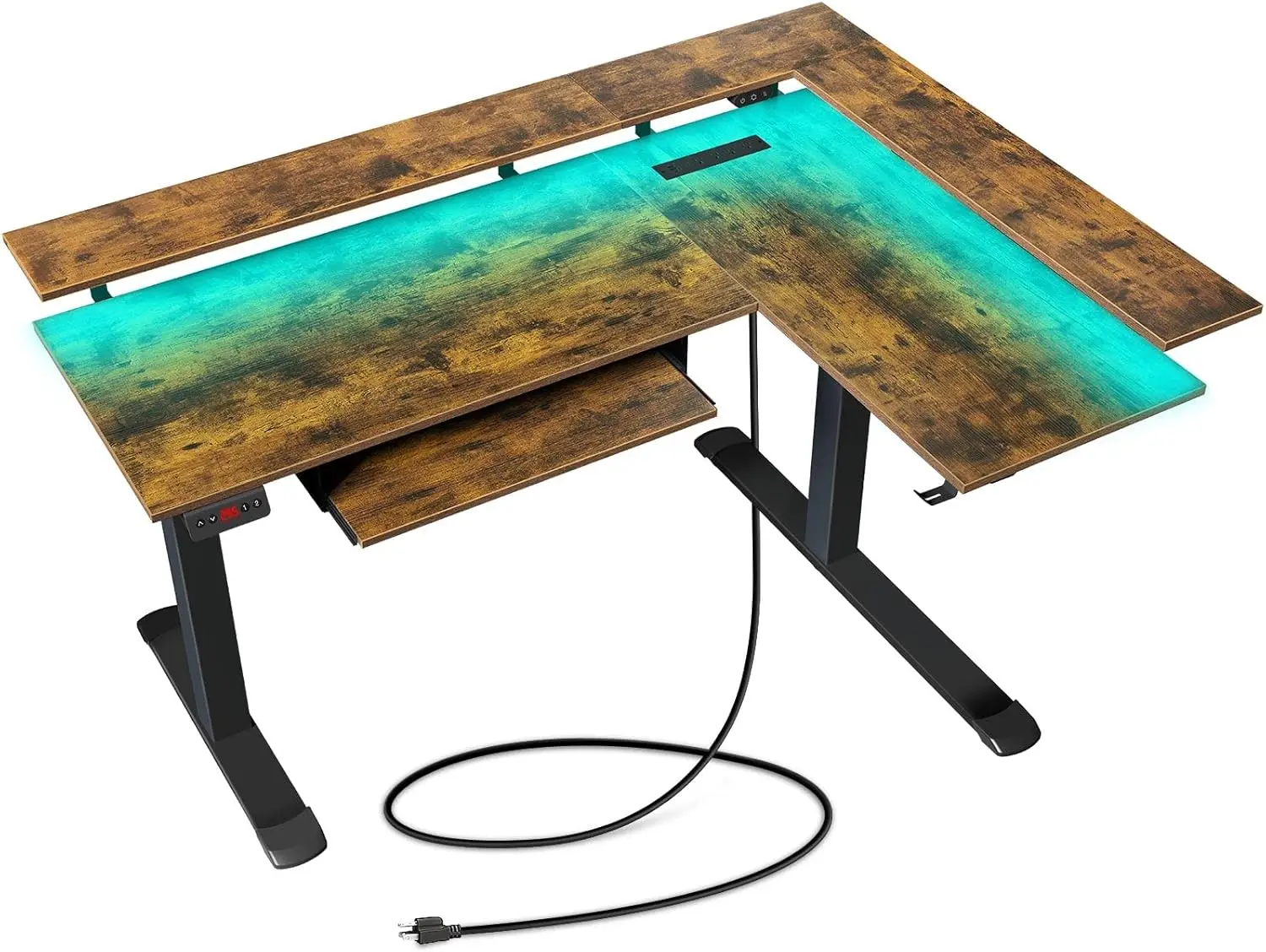 L Shaped Standing Desk with LED Light and Power Outlet, Dual Motor Height Adjustable Electric Standing