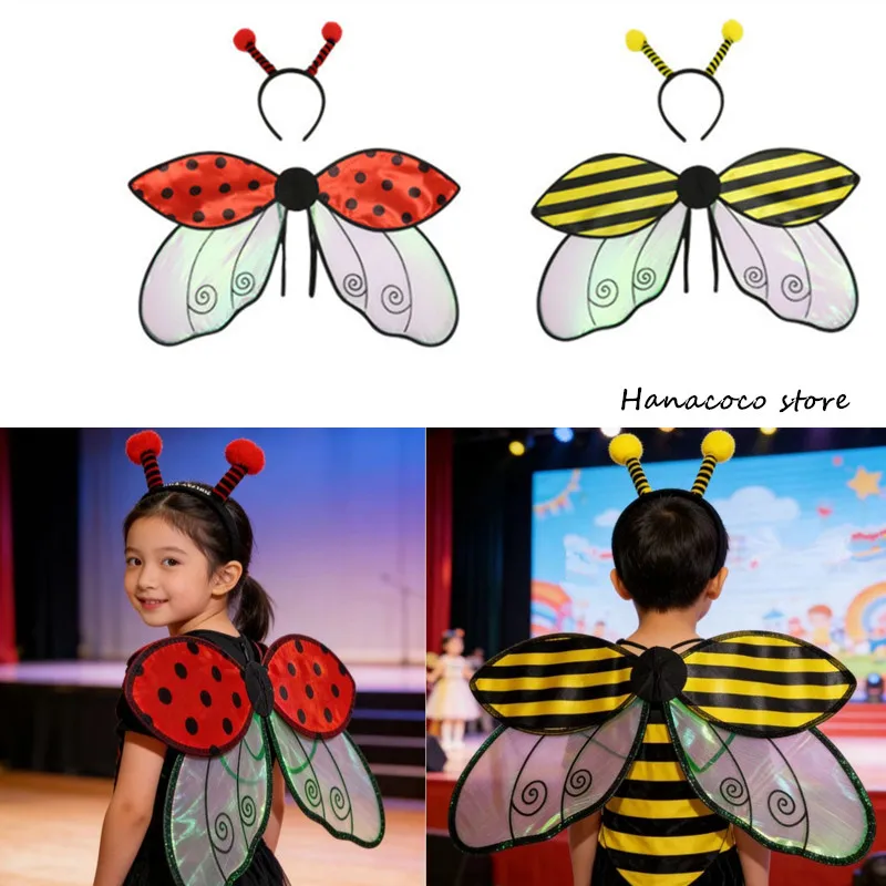 

Halloween children insect yellow bee ladybird wing with headwear tentacles cute bees wings accessories