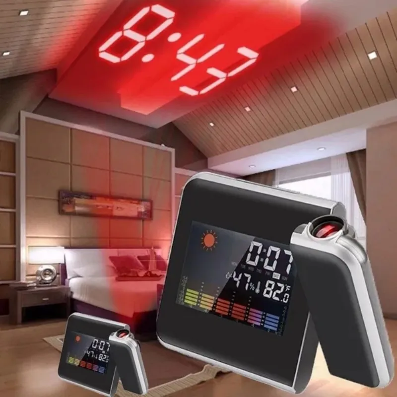 LED color screen digital projection 180 ° rotating clock backlight display, snooze alarm clock temperature and humidity function