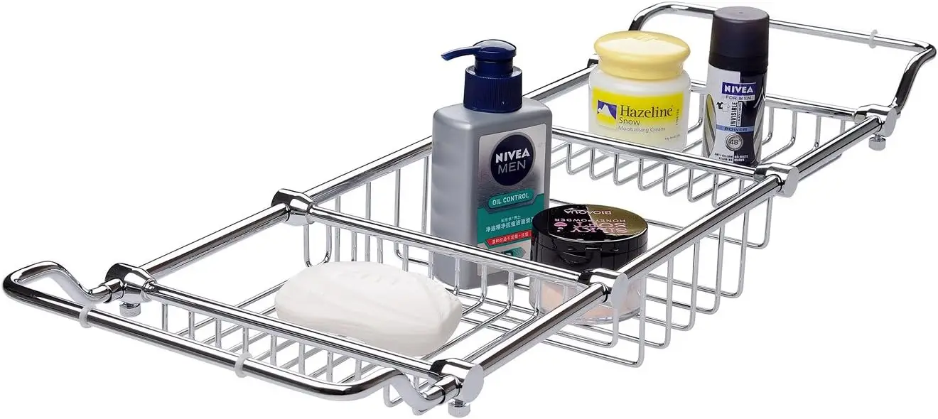 

Expandable Chrome Bathtub Caddy with Rustproof Brass, Elegant Bathroom Storage