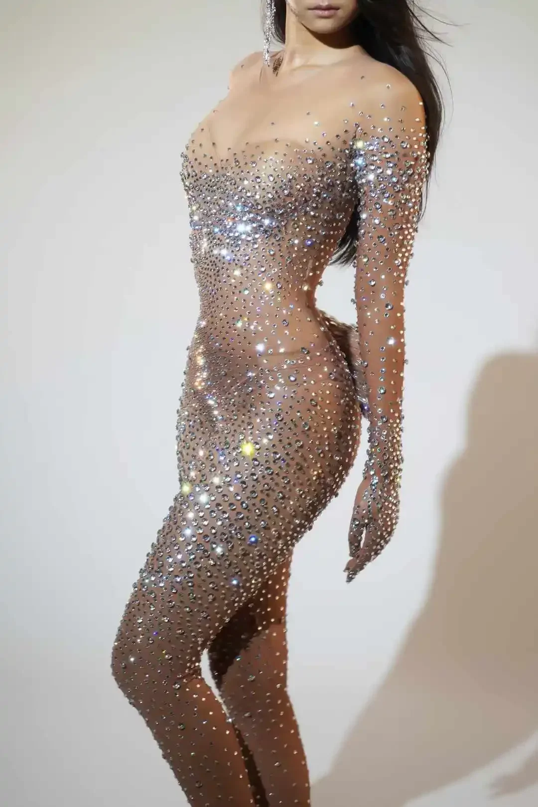 จั๊มสูทสีน้ำเงินประดับคริสตัลเต็มตัวสำหรับผู้หญิง พร้อมถุงมือ สำหรับงานวันเกิด นักร้อง นักเต้น ชุดแสดงบนเวที ระยิบระยับ หรูหราแบบลาสเวกัส