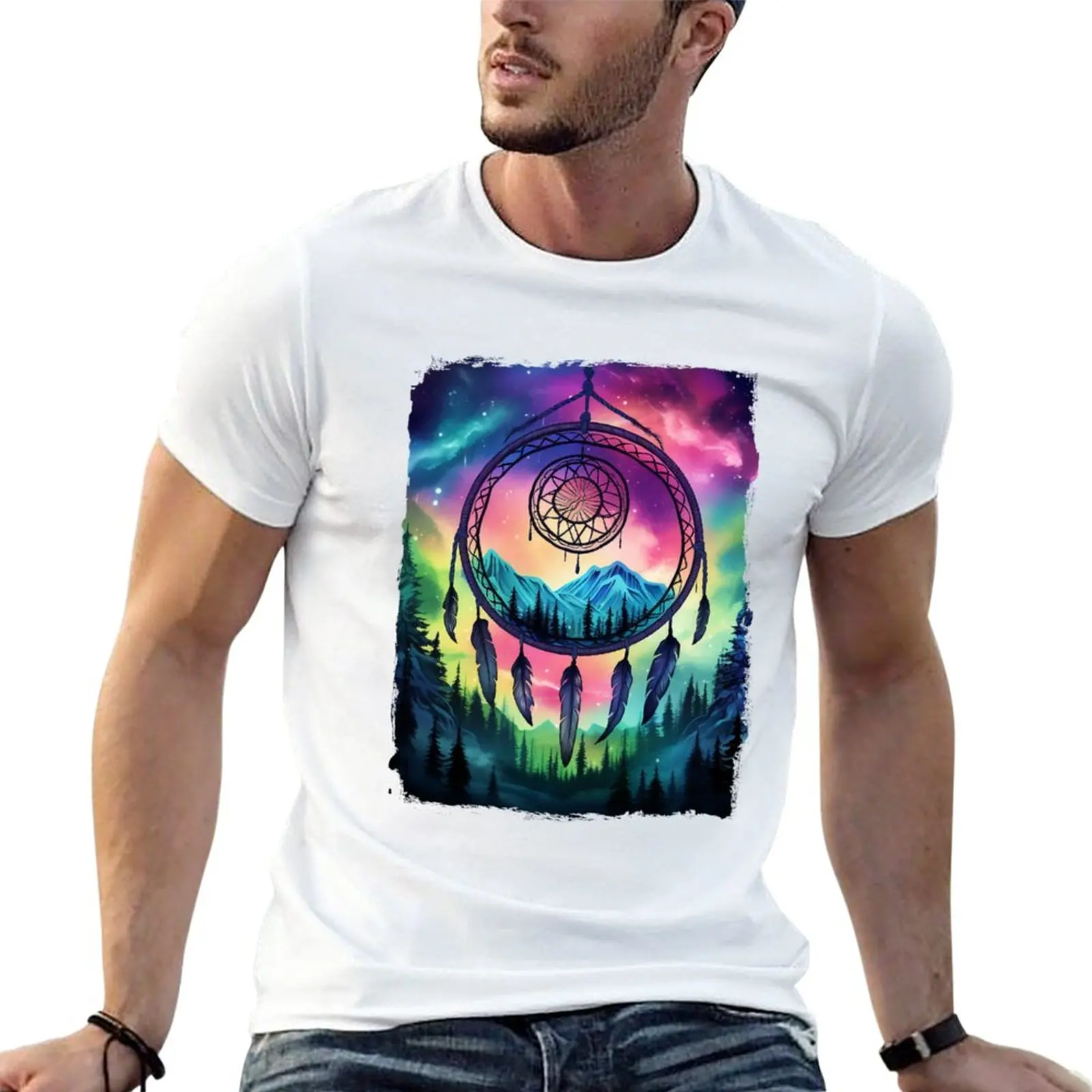 

New Dreamcatcher Under Northern Light Aurora Borealis Scenery Mountains Rivers Trees T-Shirt tops plain t shirts men