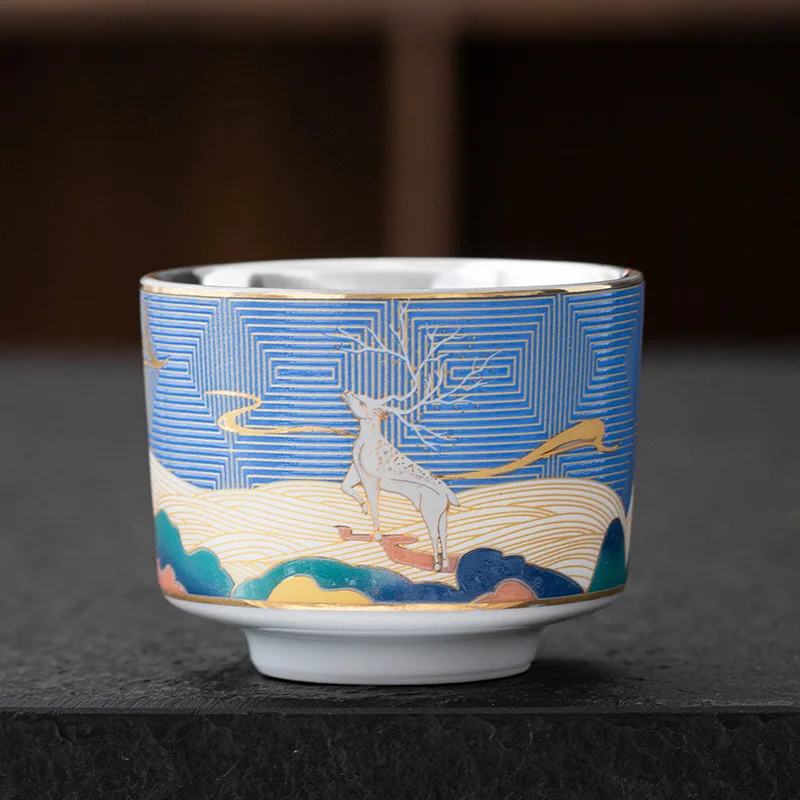 National Trend 999 Pure One Deer With You Enamel Color Gilt Silver Master Ceramic Kung Fu Tea Set Tasting Cup