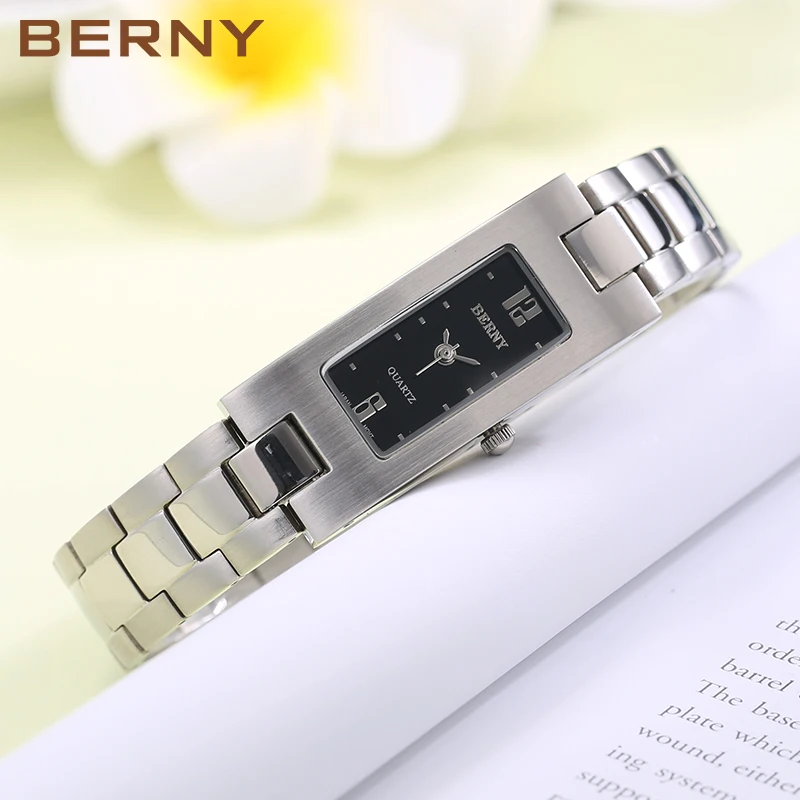 Reloj BERNY para mujer, esfera cuadrada de cuarzo, vestido de acero inoxidable, reloj de pulsera Rectangular, reloj para mujer, relojes impermeables