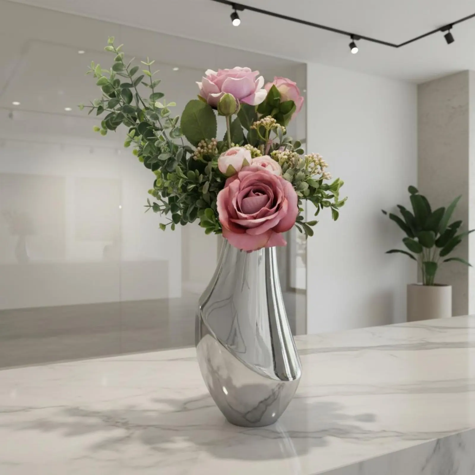 Silver Vase Metal Finish Decorative Vase Decor Piece Textured Surface Easy to Clean for Living Room