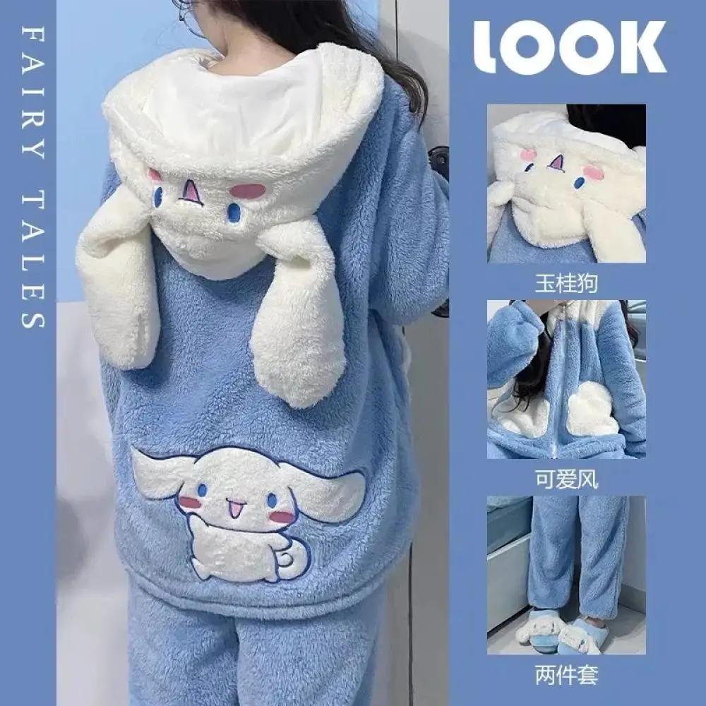 Kawaii Autumn Winter Cinnamoroll Plush Pajamas Pants Sanrio Women Cartoon Hooded Homewear Cute Girls Thickened Sweet Tops Pants