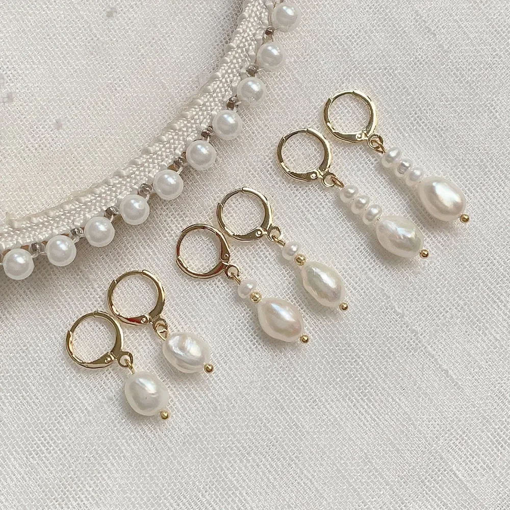 Gold Color Natural Freshwater Pearl Drop Earrings Irregular Baroque Pearl Tassel Pendulum Charm Small Loop Huggie Pearl Earring