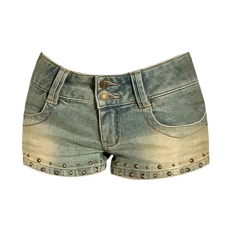 American Retro Low Waist Denim Shorts Women Fashion Hip-covering High Street Rivet Trendy Leisure Daily Sexy Girls Summer Shorts