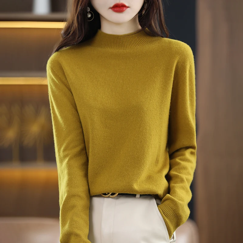 2024 New Half High Solid Color Cashmere Sweater Women Loose Pullover Autumn and Winter  Basic Cashmere Sweater Women