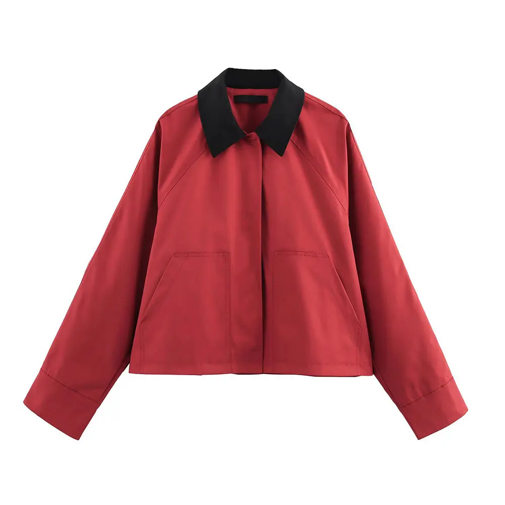 

Women's Spliced Waxed Leather Lapel Jacket Spring New Fashion Upperwear for Ladies Contrast Color