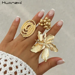 HUANZHI Personalized Flower Open Ring Metal Oval Twist Exaggerated Large Punk Y2K Jewelry for Women Girls New Design