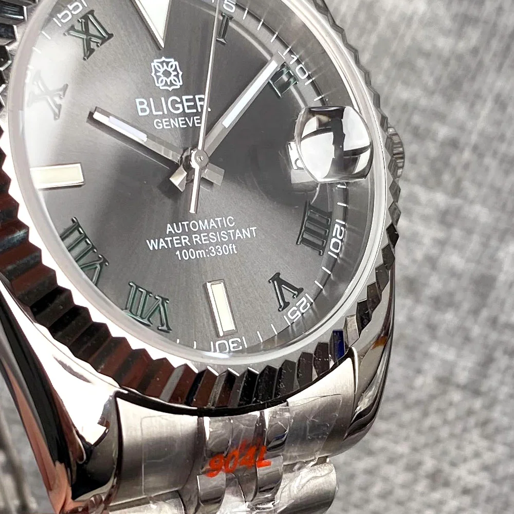 BLIGER Fluted Date nh35 Steel Mechanical Watch Men Sunburst Grey Roman Numbers 36MM 39MM Business Wristwatch 316L Steel Clock