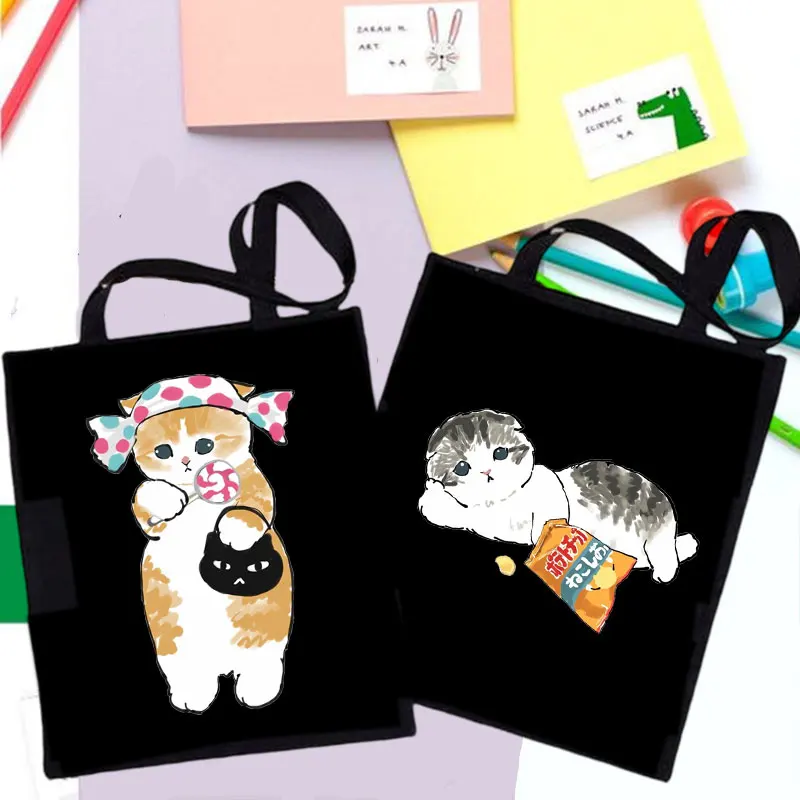90s Y2K klasyczny Vintage dużego ciężaru torba torebka na ramię kobiet Bolsa Compra kobiety kot czarny bawełniane płótno torba na zakupy dziewczyna Harajuku