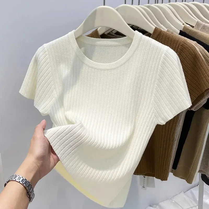 2023 Summer Women Sweater O-neck Short Sleeve Tshirt Korean Fashion Knitwears Slim Fit Pullovers Bottoming Shirt Knit Top