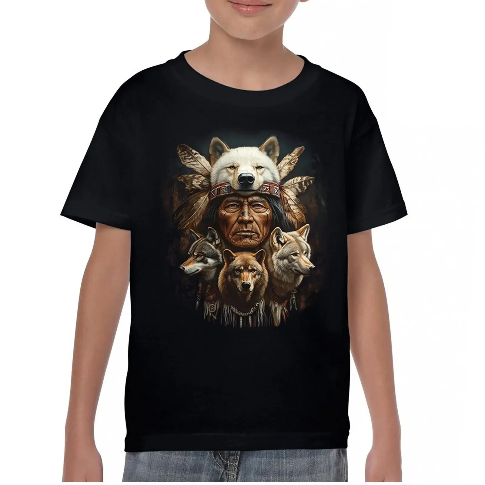 Indianer Wolf Häuptling Jugend T Shirt Kopfschmuck Krieger Wölfe Totem Kinder vintage Washed fashion Stylish Breathable
