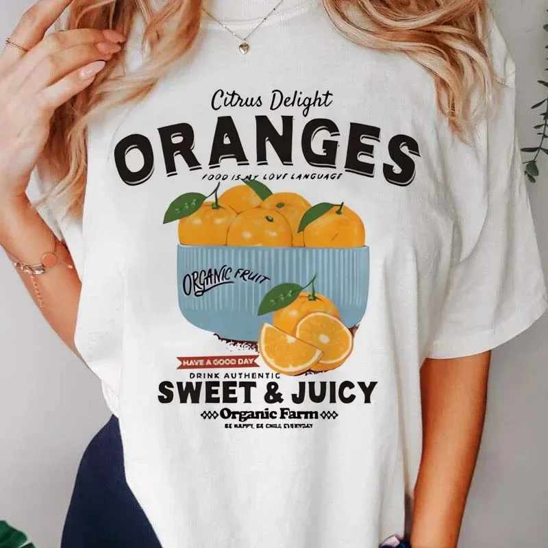 Beach Travel Women's T-Shirt Cartoon Oranges Fruit Pattern Graphic Top Cute Casual Short Sleeve Fashion Tshirt Female Clothing