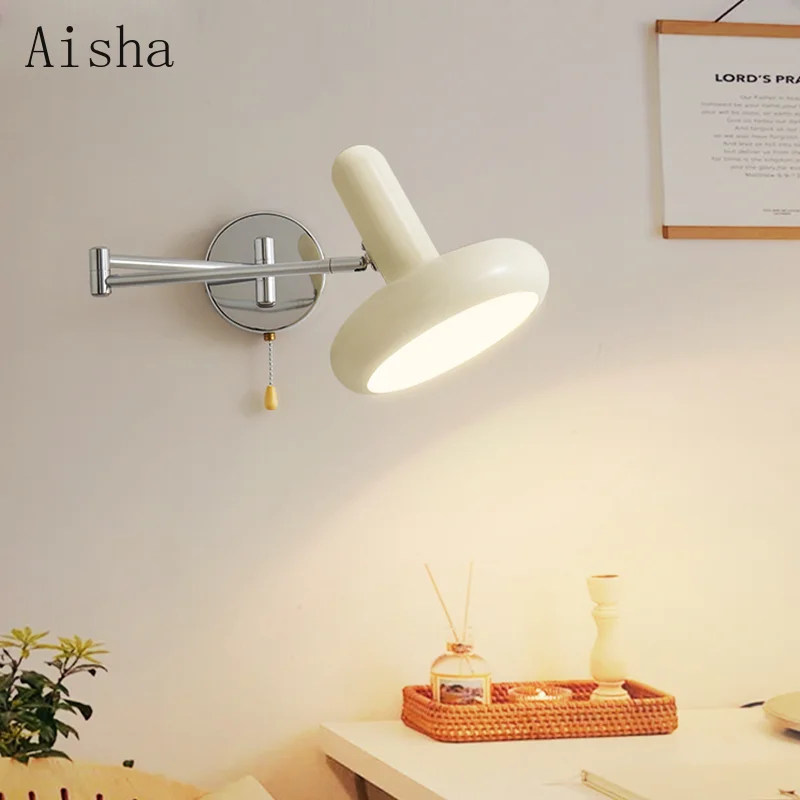 

Bauhaus White Swing Arm Adjustable Wall Lamp Bedroom Bedside Living Room LED Lights Retractable Hardwired Study Reading Sconce