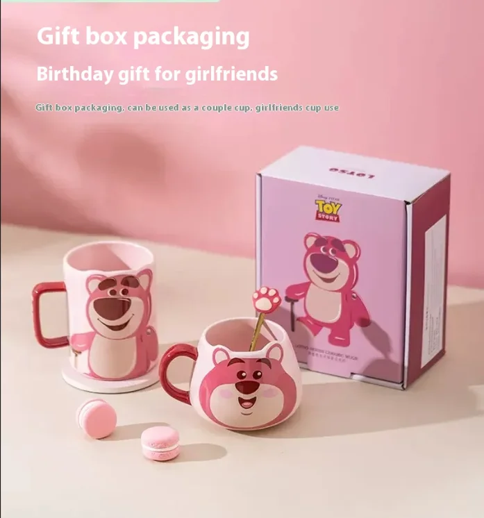 Disney Strawberry Bear Mug Cute Cartoon Ceramic Belly Water Cup With Hand Gift Birthday Gift Ceramic Cup Gift Box