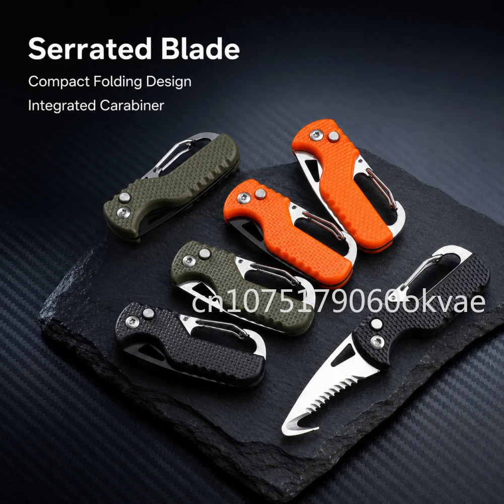 Portable EDC Folding Pocket Knife with Carabiner Serrated Blade Utility Cutter for Camping Hiking Outdoor Survival