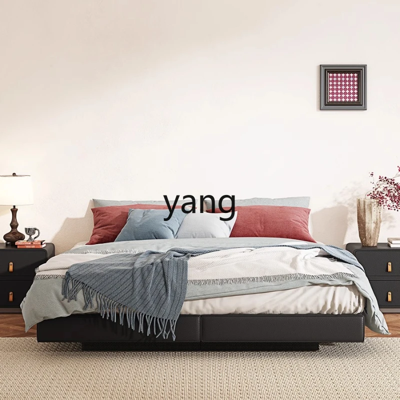 LH platform bed cream wind leather master bedroom without bedside bed frame solid wood small apartment suspended bed