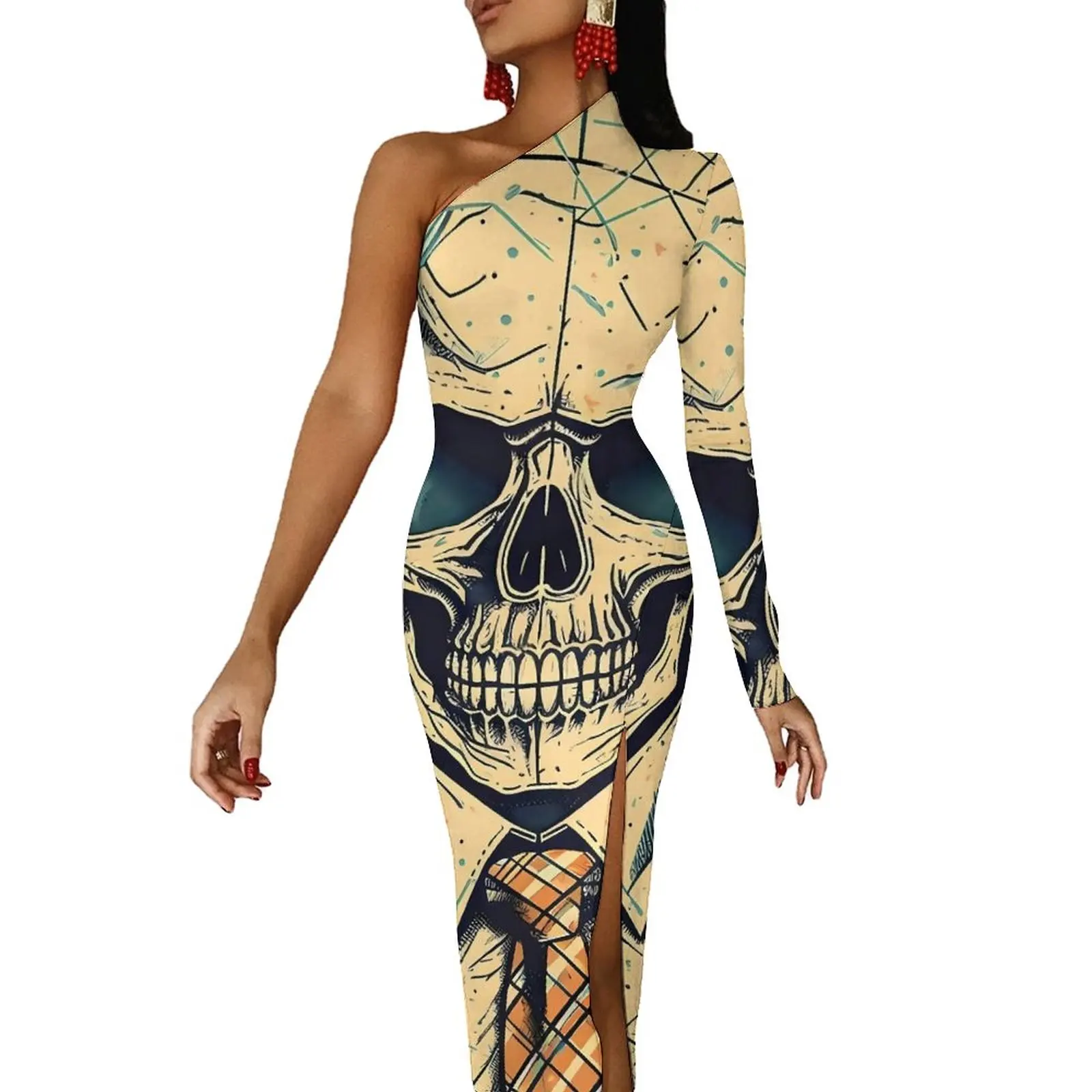 

Платье макси с готическим принтом и длинными рукавами, розы и череп, красивое облегающее платье, весенние вечерние длинные платья, женские платья с графикой