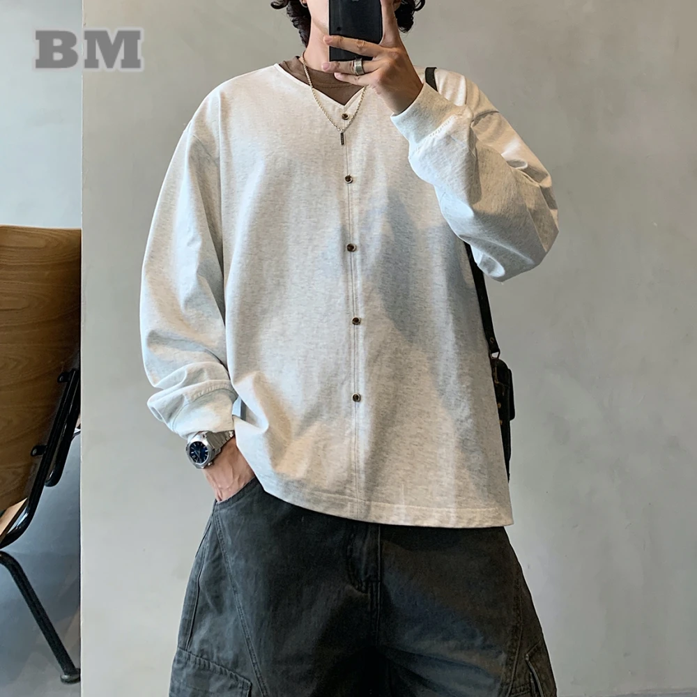 

‌Mens Korean Streetwear Fake Two Piece Long Sleeve Tshirt Loose Fit Trendy Pullover Sportswear College Style Fashion Casual Top